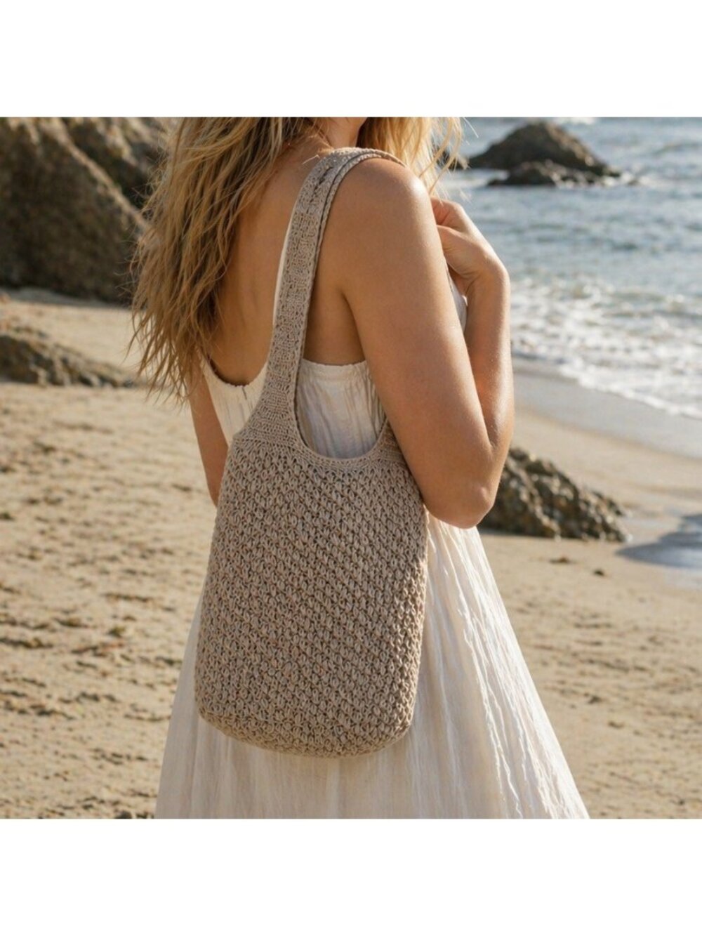 Vintage 90s Beige Crochet Shoulder Bag Knit Minimalist Boho Tote